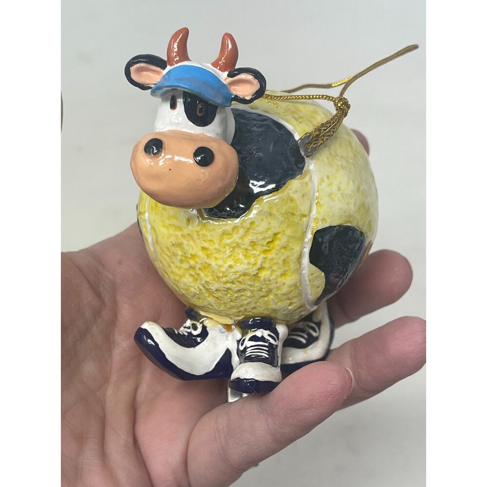Tennis Ball Cow Bobble Head Ornament Figurine Racket Tail 2004 Ranger Int. Vtg